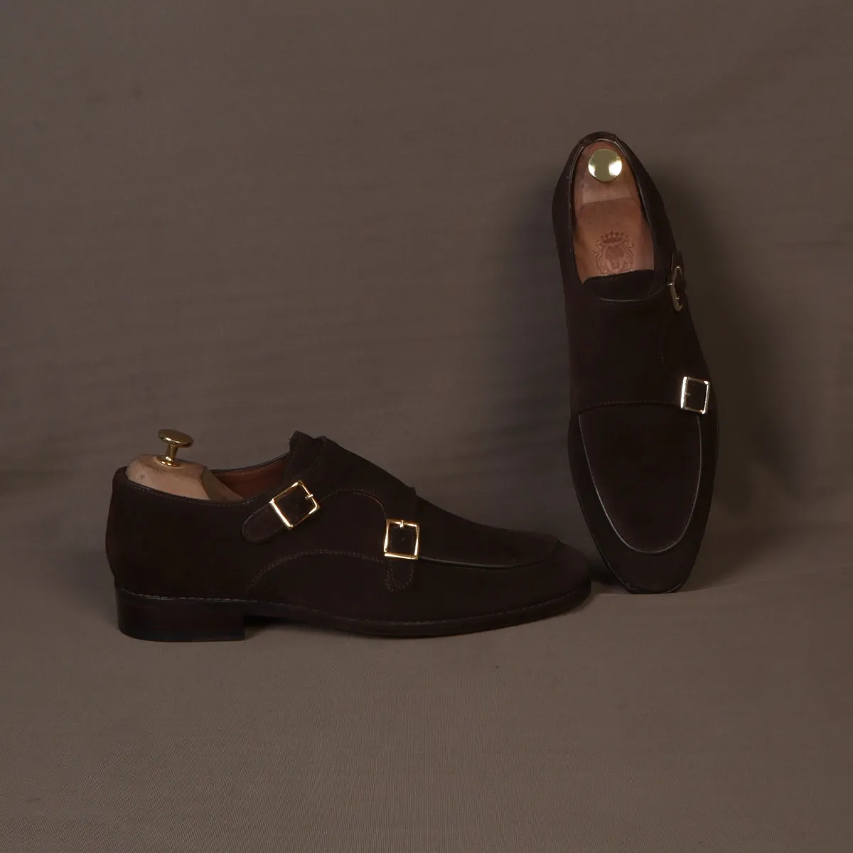 Hand Made Double Monk Formal Shoes in Dark Brown Suede Leather by Brune & Bareskin