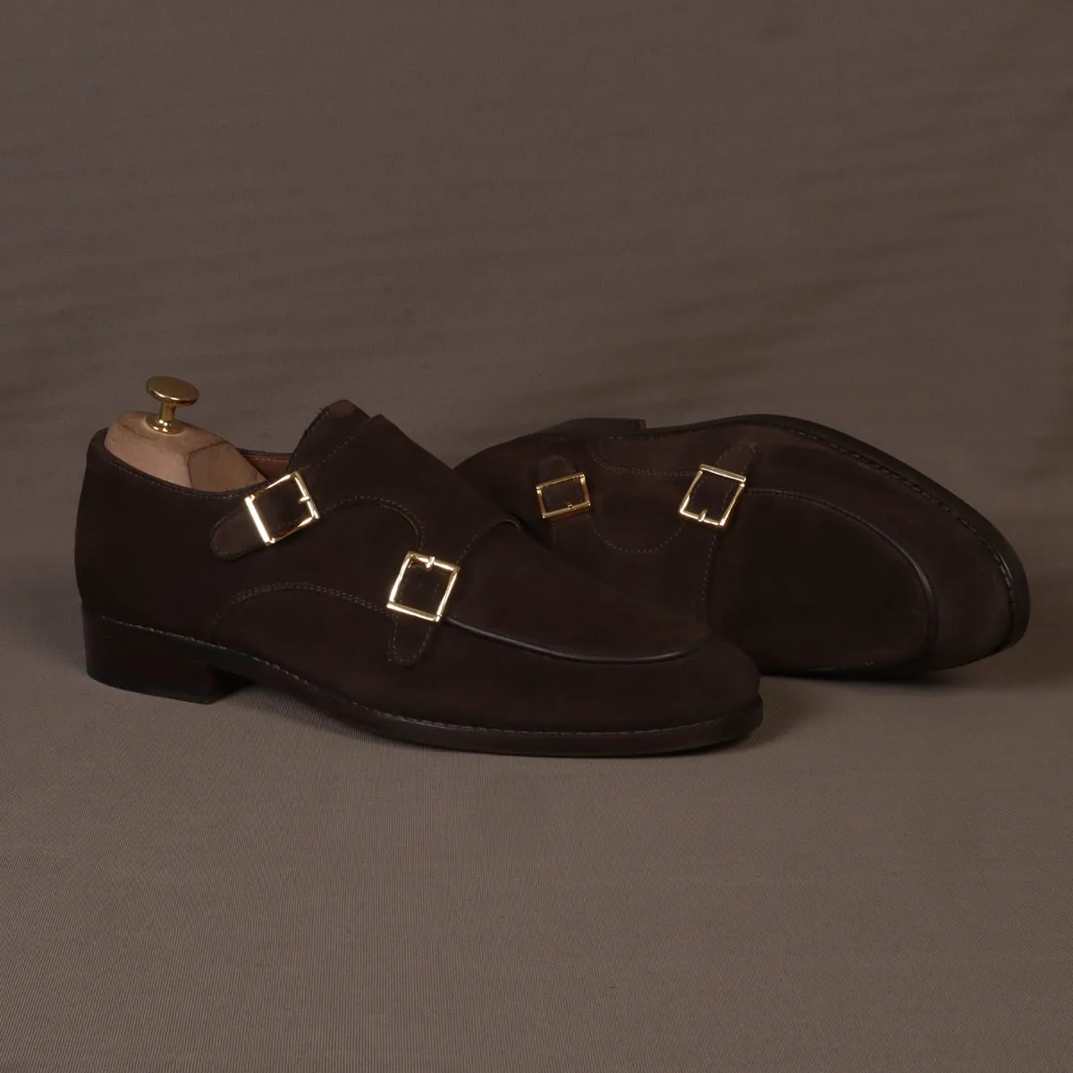 Hand Made Double Monk Formal Shoes in Dark Brown Suede Leather by Brune & Bareskin