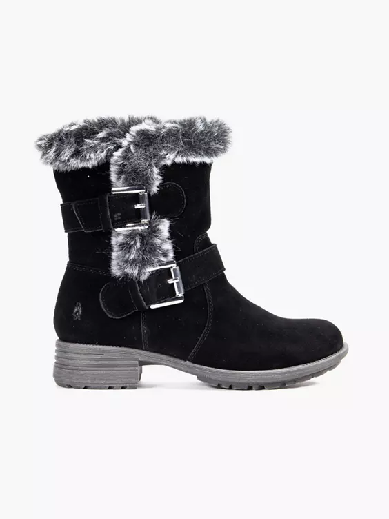 Hush Puppies  Black Suede Fur Boot with Buckle Detail