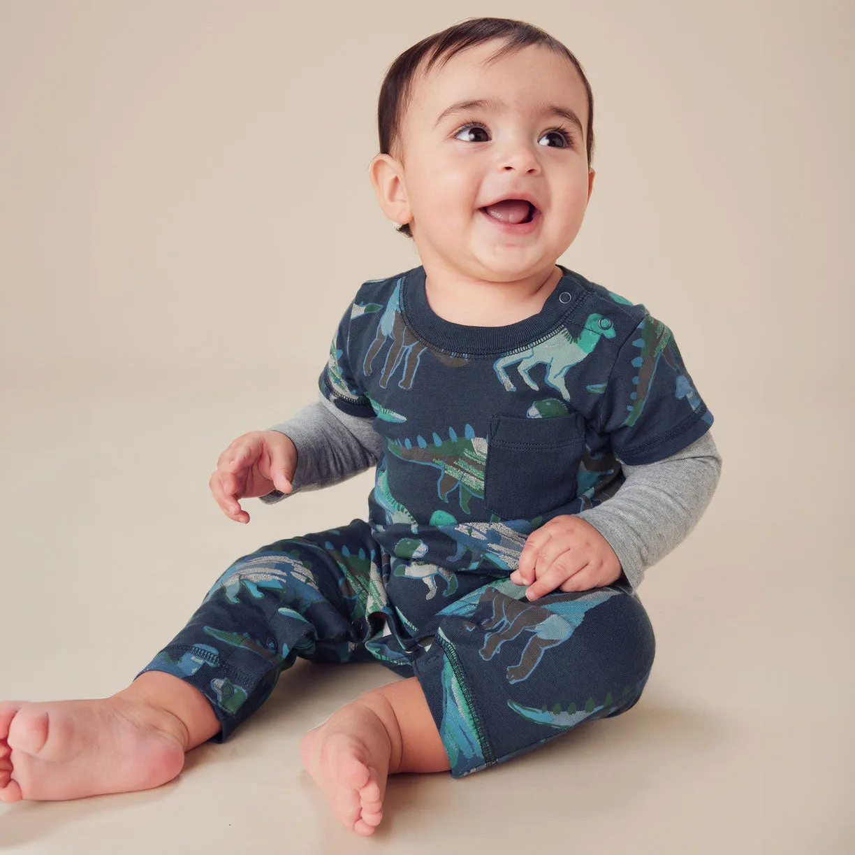 Layered Sleeve Baby Romper - Watercolor Dinosaurs