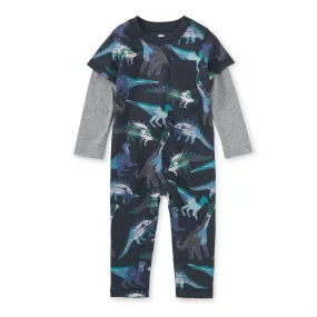 Layered Sleeve Baby Romper - Watercolor Dinosaurs