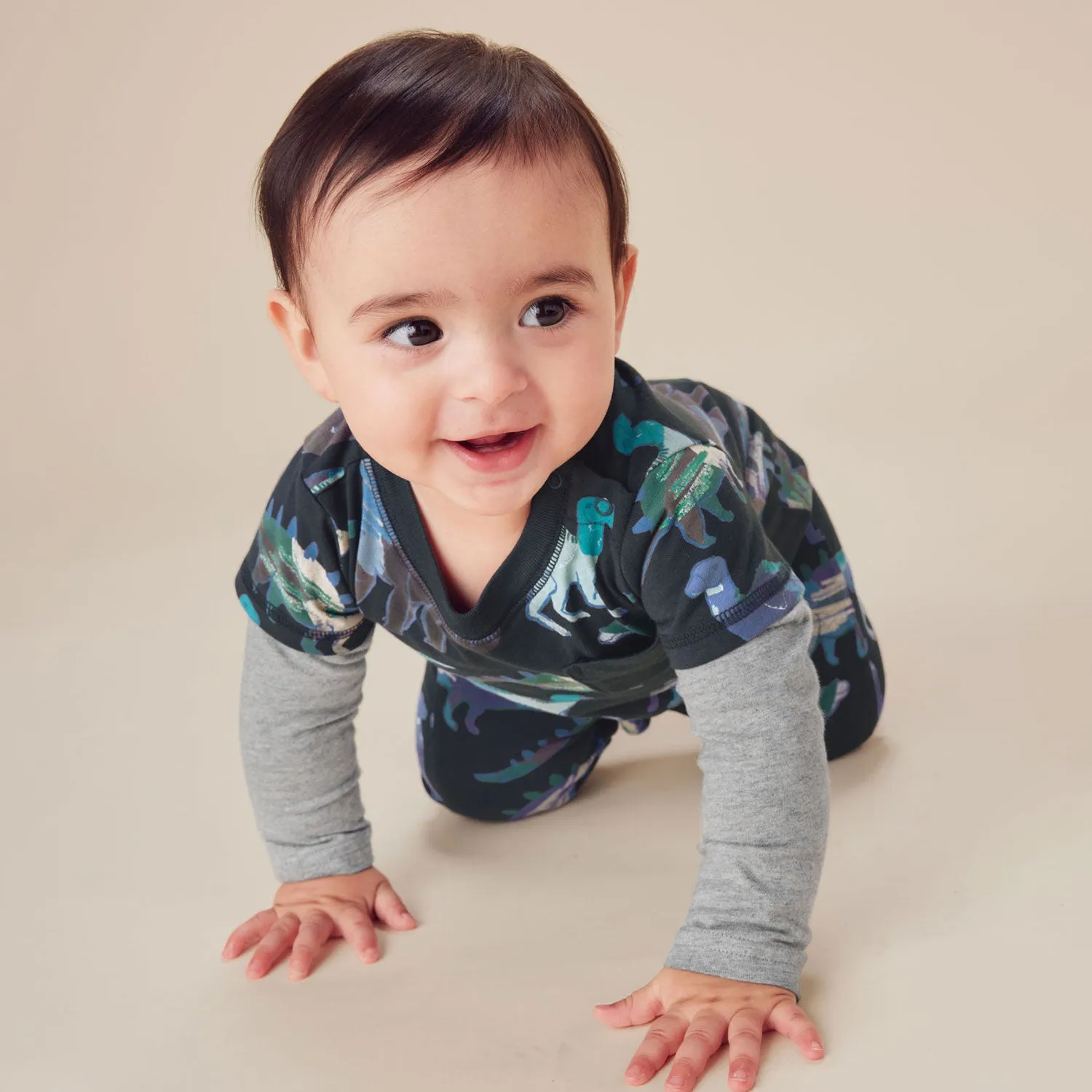 Layered Sleeve Baby Romper - Watercolor Dinosaurs