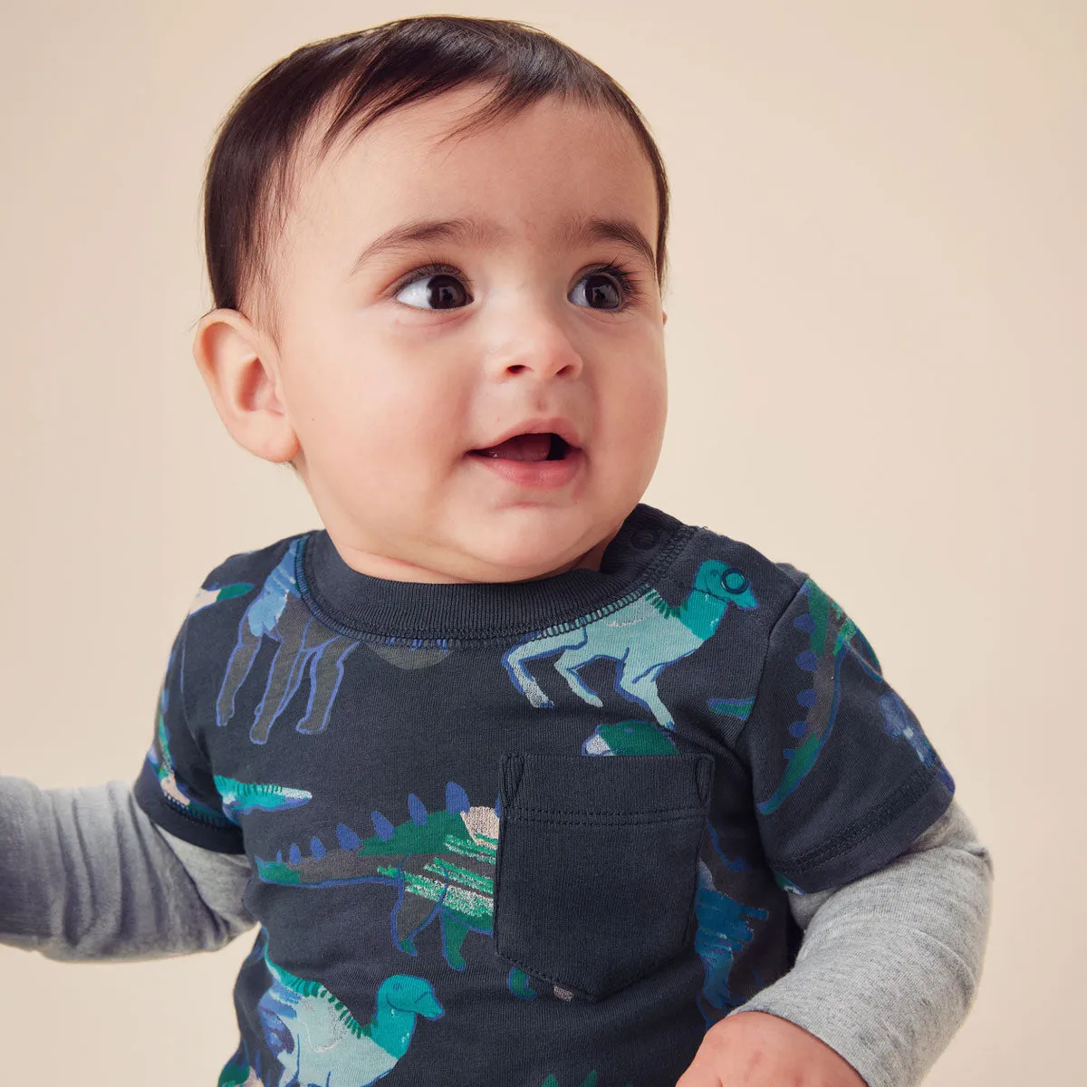 Layered Sleeve Baby Romper - Watercolor Dinosaurs