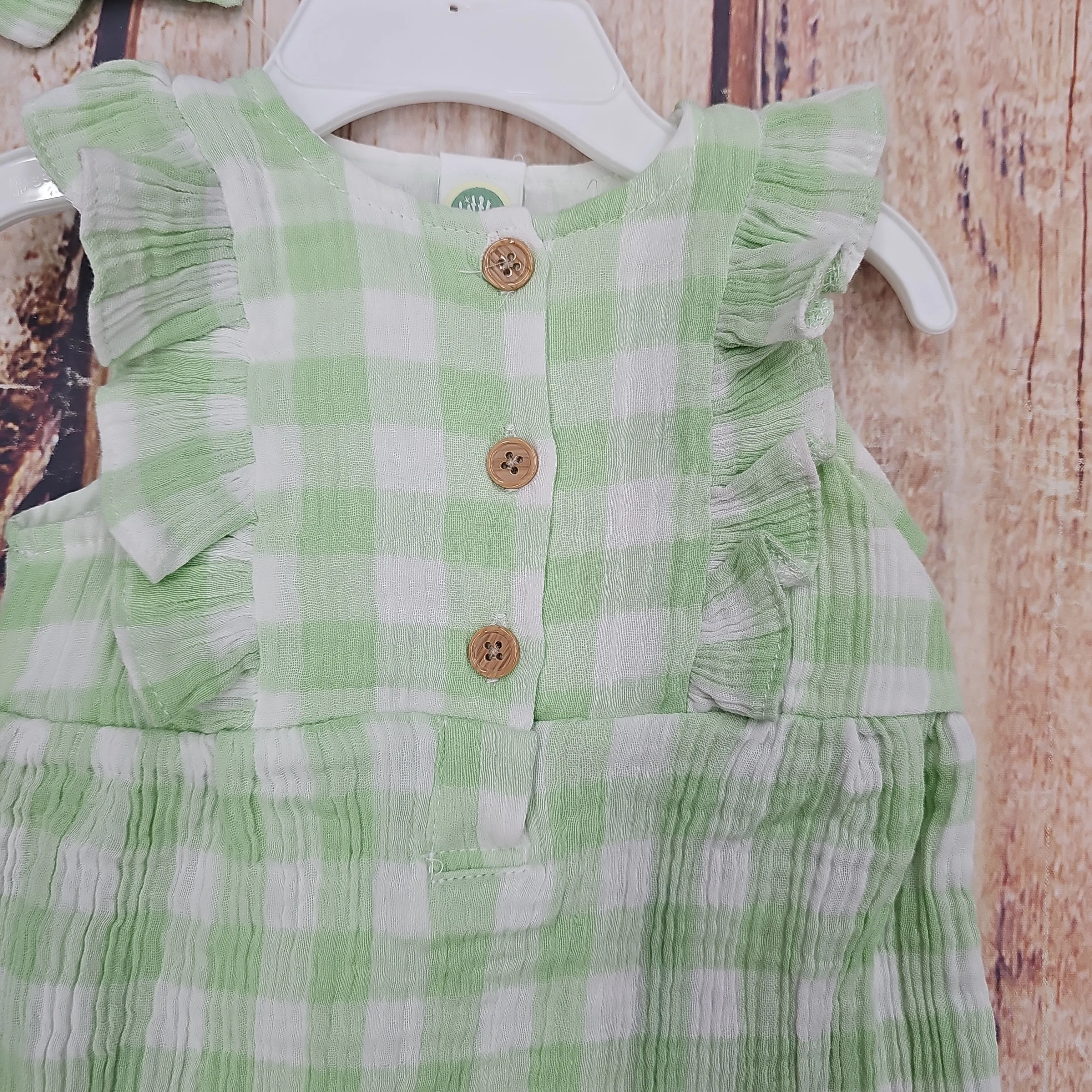 LITTLE ME GREEN CHECK ROMPER LCR14579N