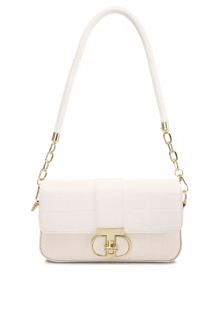 London Rag Metallic Buckle Baguette Handbag in White