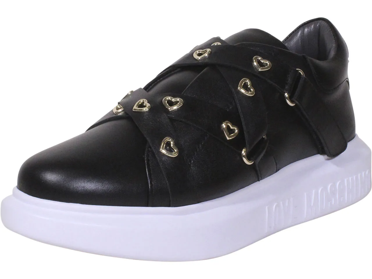 Love Moschino Women's Calfskin Heart Eyelets Sneakers Black Sz: 6