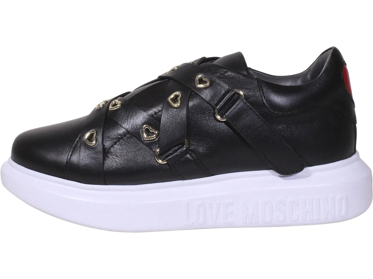 Love Moschino Women's Calfskin Heart Eyelets Sneakers Black Sz: 6