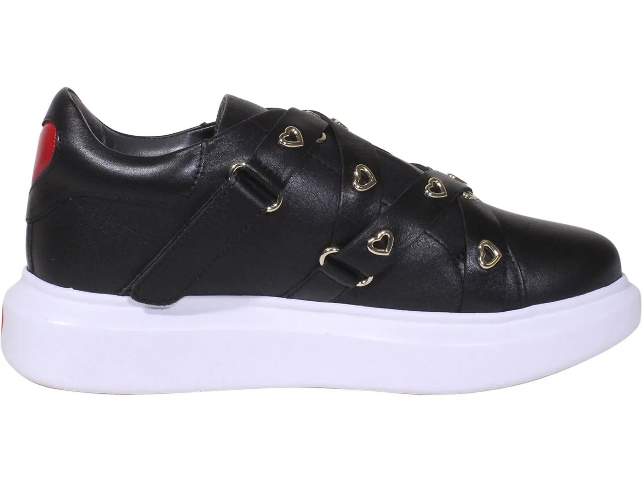 Love Moschino Women's Calfskin Heart Eyelets Sneakers Black Sz: 6