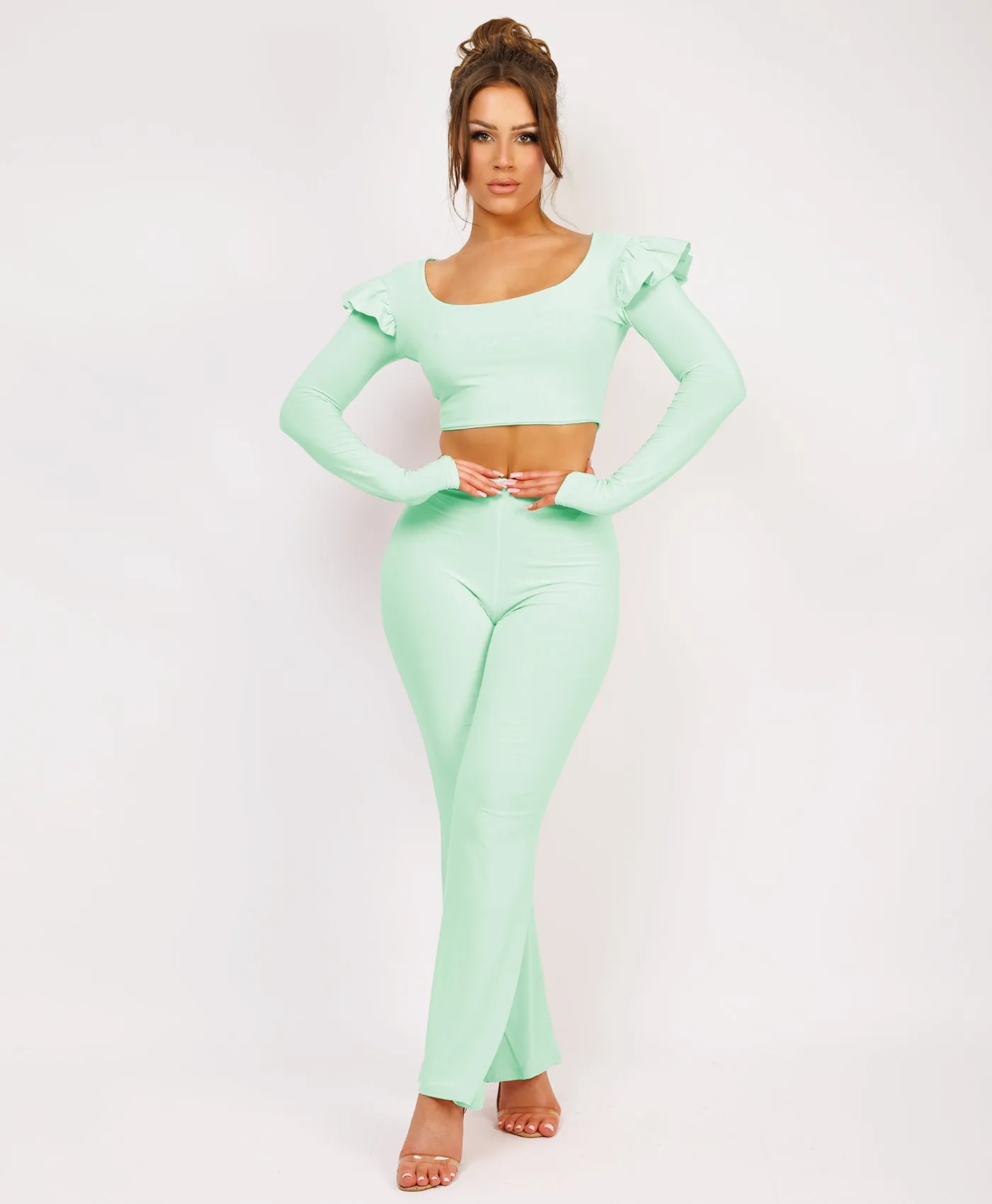 Mint Frill Shoulder Long Sleeve Slinky Top And Trousers Loungewear Set