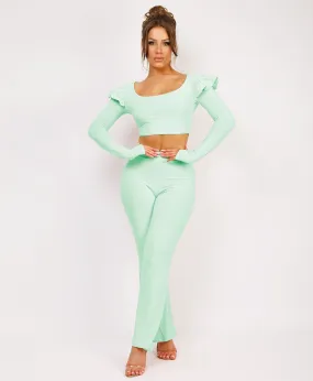 Mint Frill Shoulder Long Sleeve Slinky Top And Trousers Loungewear Set