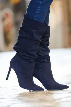 Navy Blue Belle Suede Heeled Slouch High Leg Boot