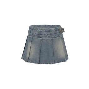 Pleated Denim Strap Skirt-