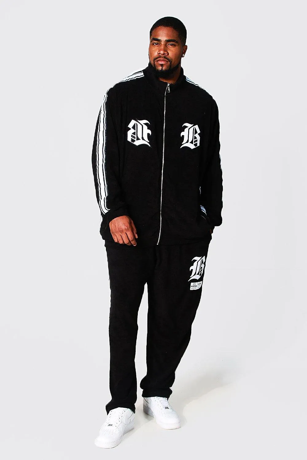 Plus Varsity Funnel Neck Towelling Tracksuit | boohooMAN UK