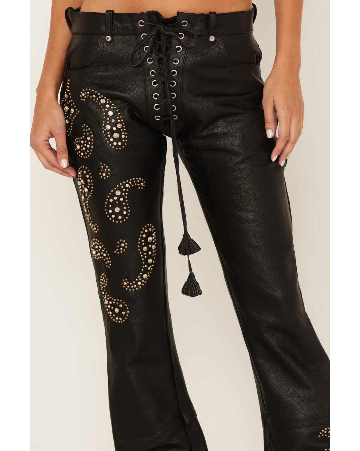 Product Name:  Boot Barn X Understated Leather Women's Rhinestone Studded Lace-Up Flare Leather Pants