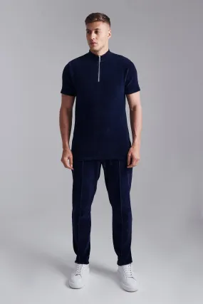 Ribbed Velour Polo And Jogger Tracksuit | boohooMAN UK