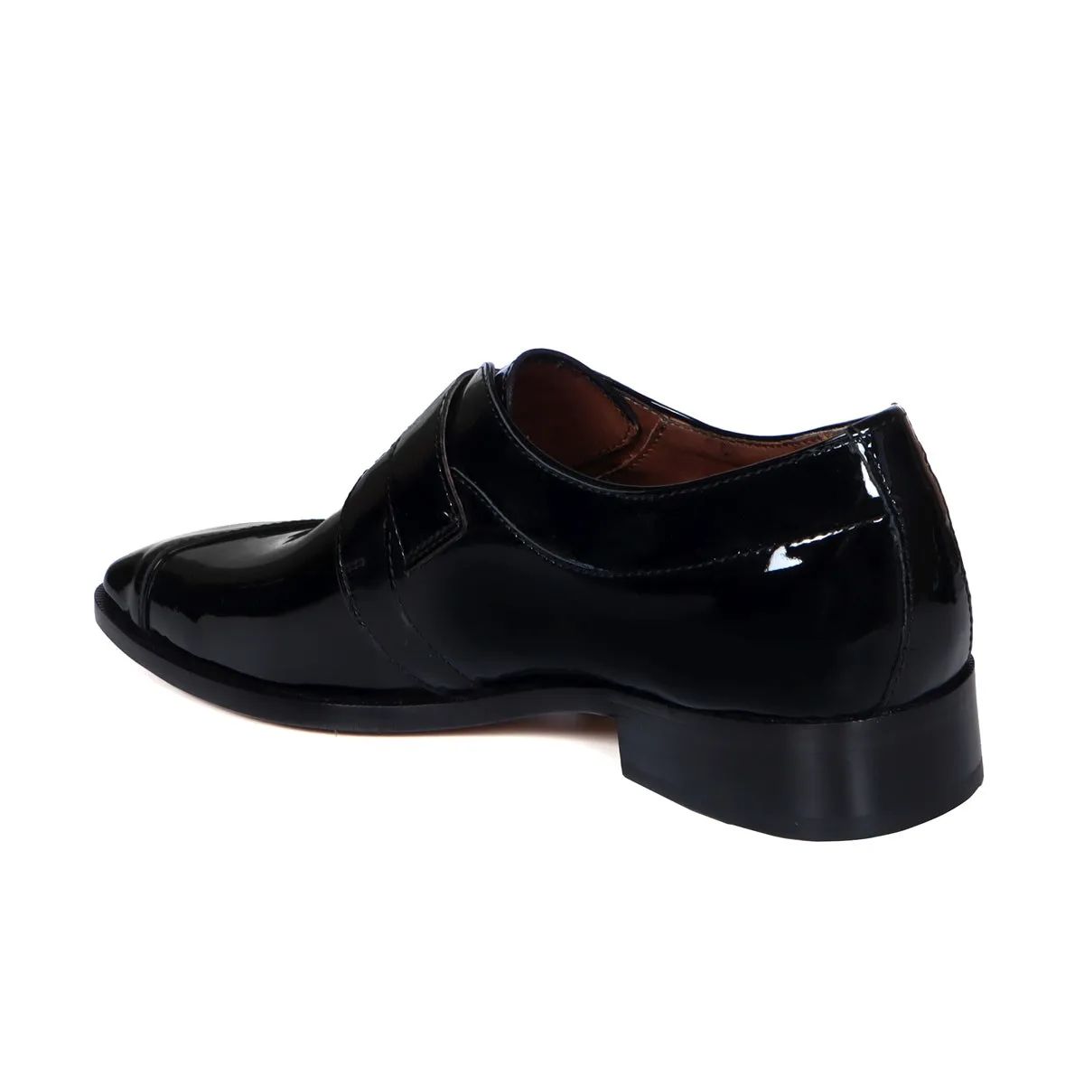 Slant Cap Toe Single Monk Formal Shoes in Black Patent Leather By Brune & Bareskin