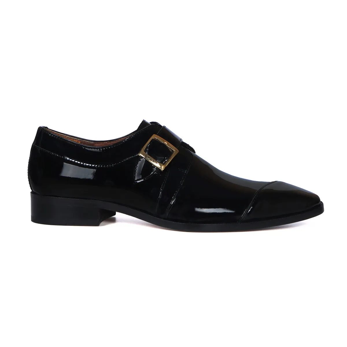 Slant Cap Toe Single Monk Formal Shoes in Black Patent Leather By Brune & Bareskin