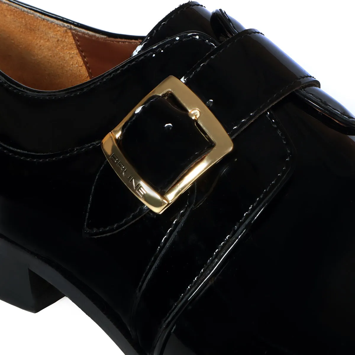 Slant Cap Toe Single Monk Formal Shoes in Black Patent Leather By Brune & Bareskin