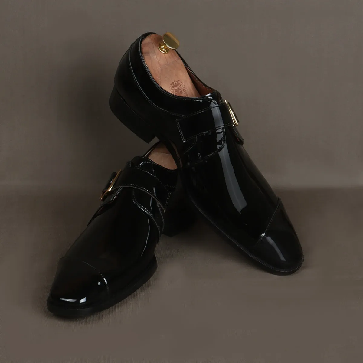 Slant Cap Toe Single Monk Formal Shoes in Black Patent Leather By Brune & Bareskin