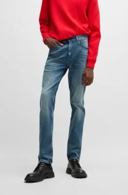 Slim-fit jeans in mid-blue distressed stretch denim