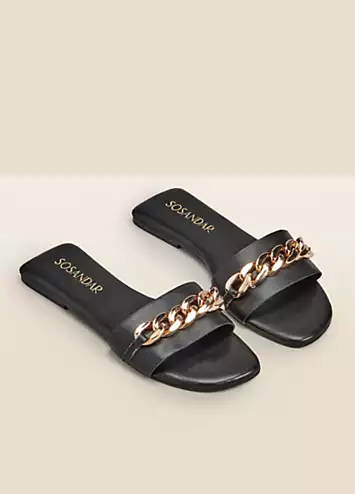 Sosandar Paradiso Black Chain Detail Flat Leather Mule Sandals | Grattan