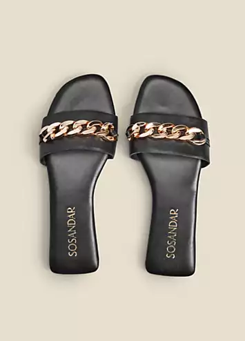 Sosandar Paradiso Black Chain Detail Flat Leather Mule Sandals | Grattan