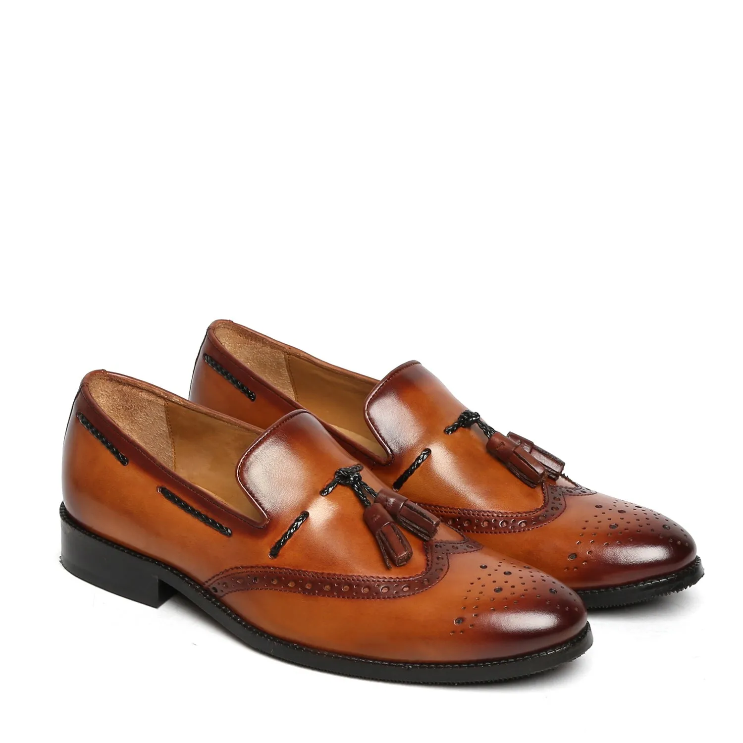 Tan Side Lacing Medallion Toe Formal Tassel Slip-On Shoes By Brune & Bareskin