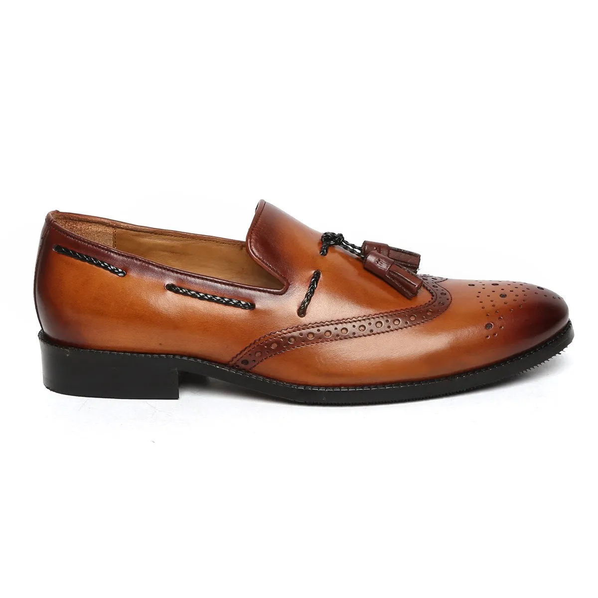 Tan Side Lacing Medallion Toe Formal Tassel Slip-On Shoes By Brune & Bareskin