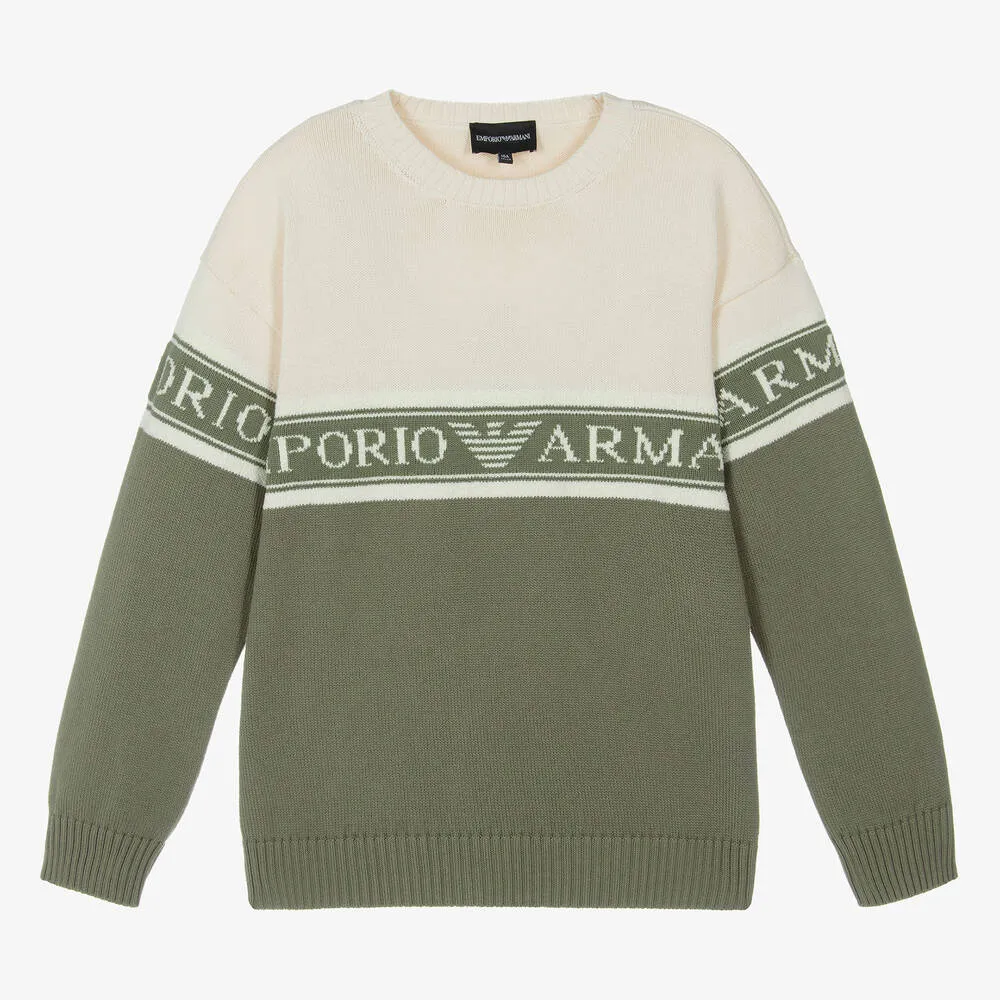 Teen Boys Ivory & Green Cotton Knit Jumper