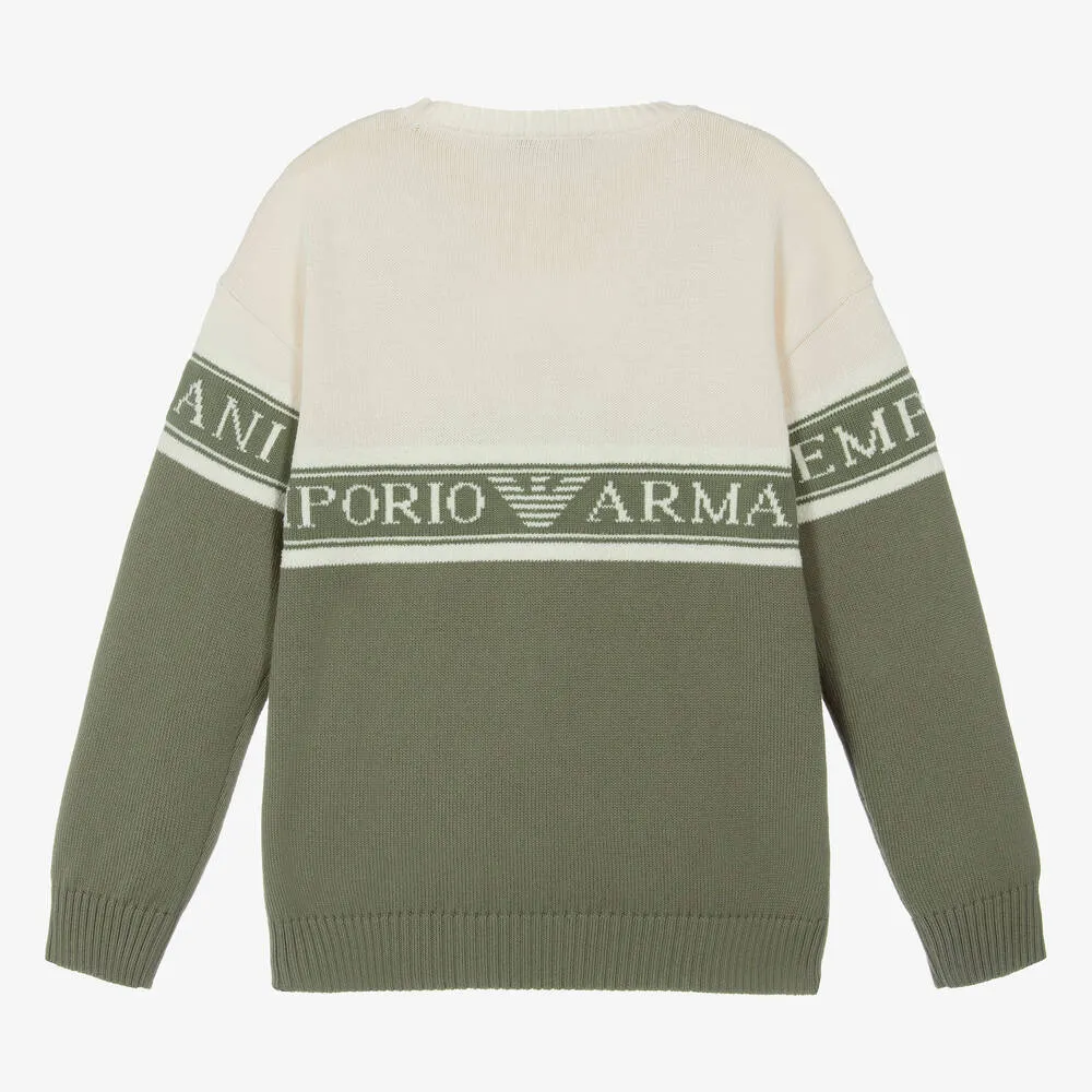 Teen Boys Ivory & Green Cotton Knit Jumper