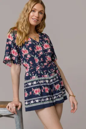 Tess Floral Border Print Surplice Romper