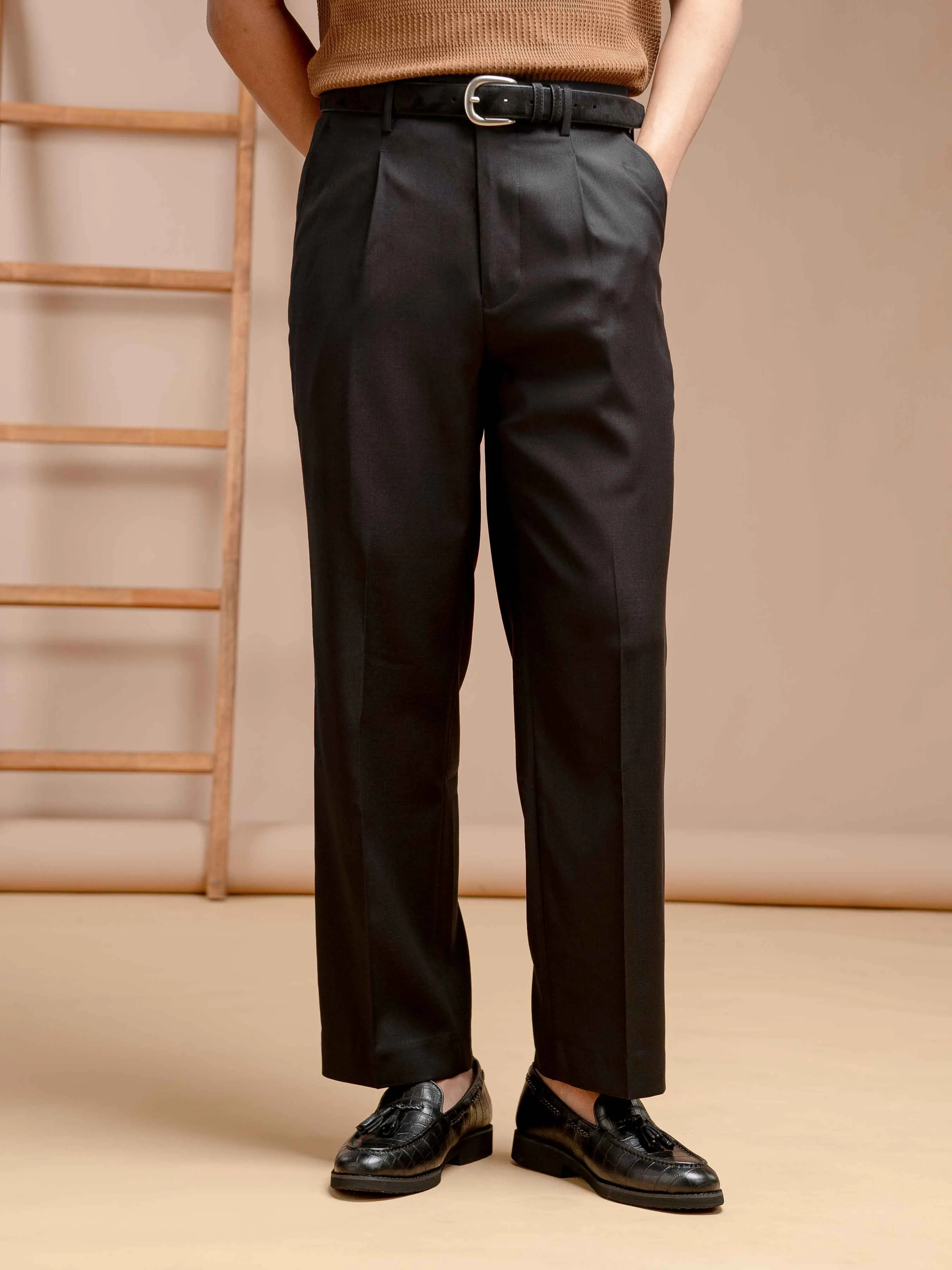 Trousers With Belt Loop - Jet Black Plain (Wide Fit)