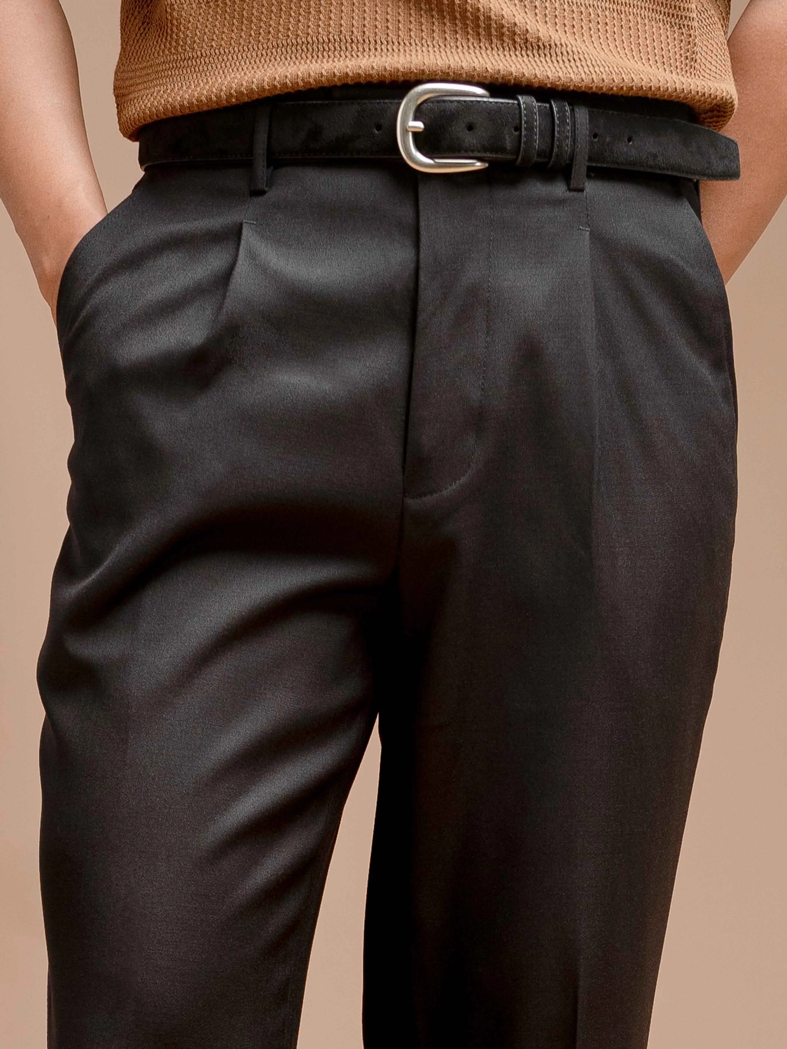 Trousers With Belt Loop - Jet Black Plain (Wide Fit)