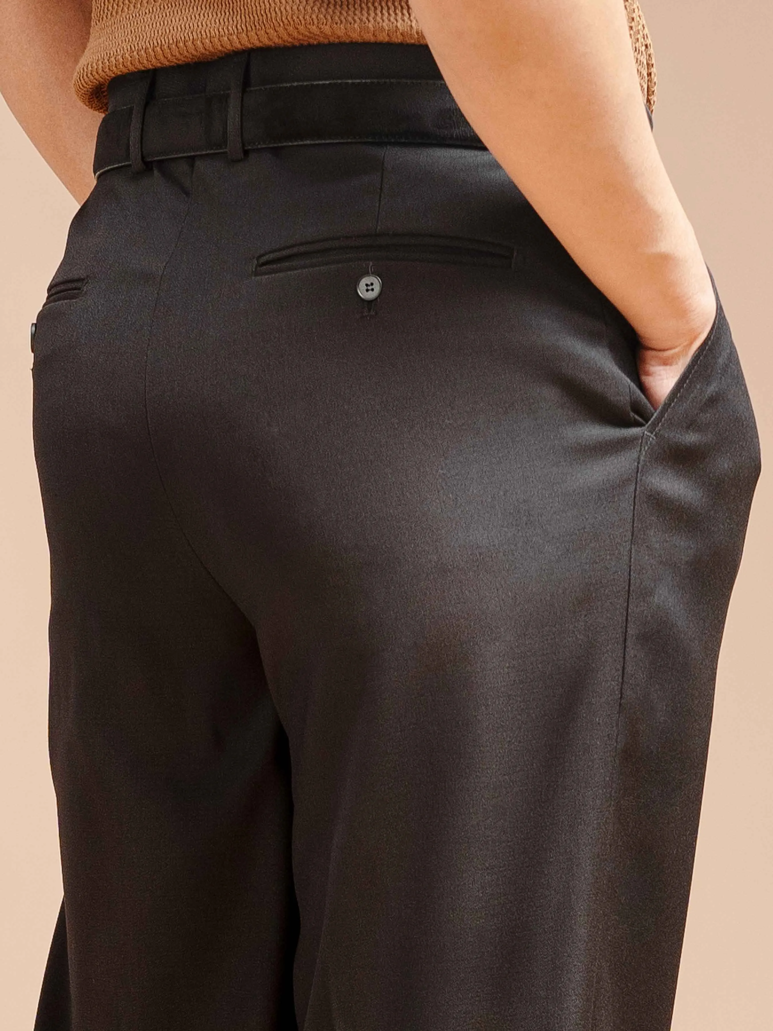 Trousers With Belt Loop - Jet Black Plain (Wide Fit)