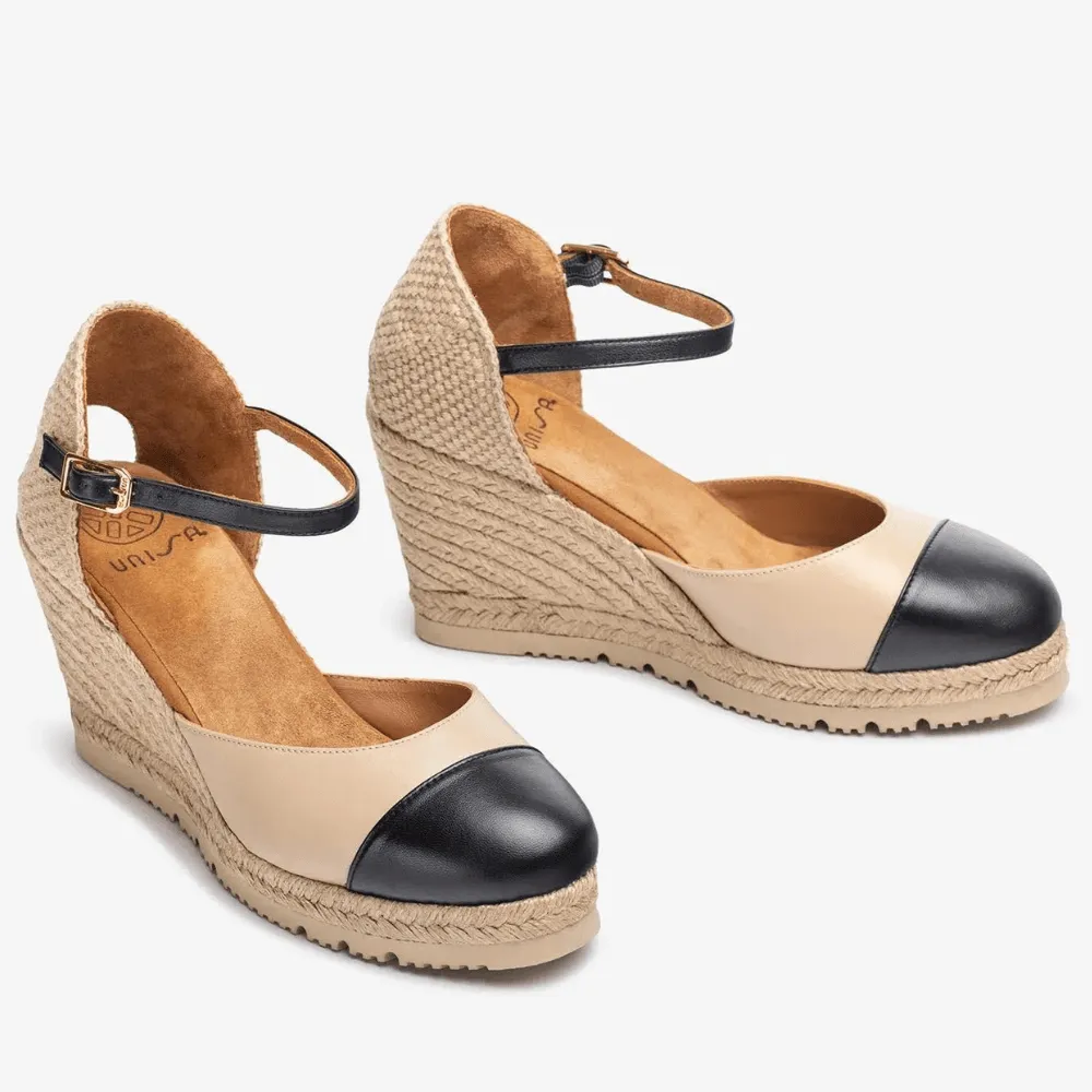 Unisa Cava Beige and Black Closed Toe Wedge Sandals