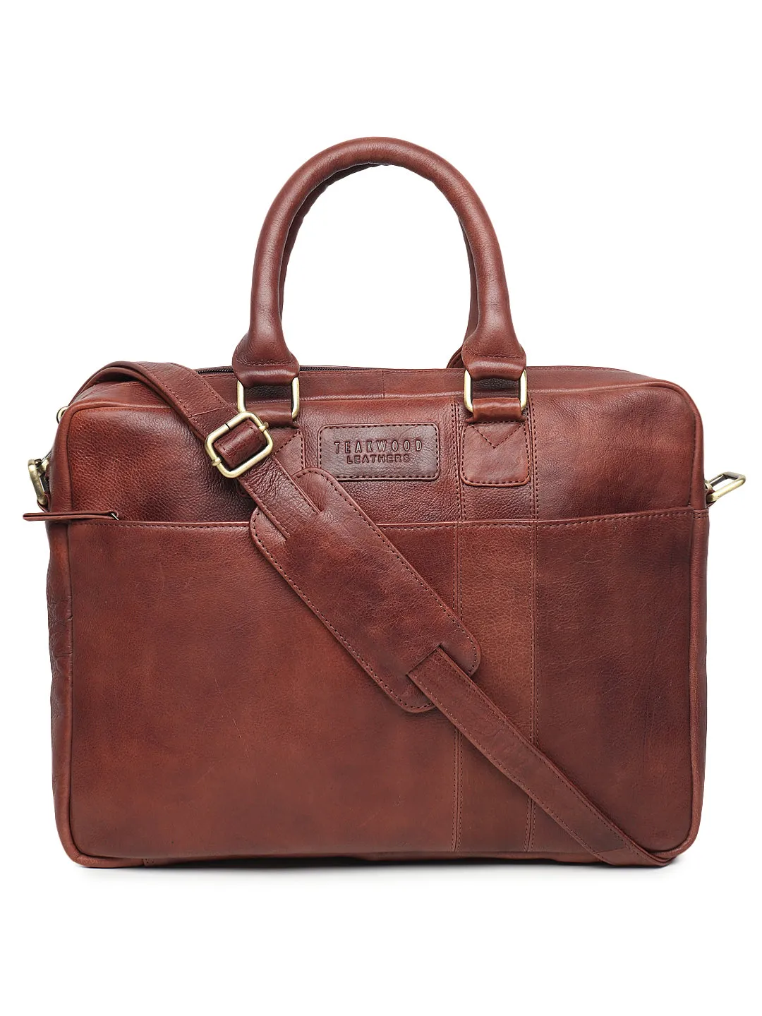 Unisex Brown Leather Laptop Bag With Detachable Strap