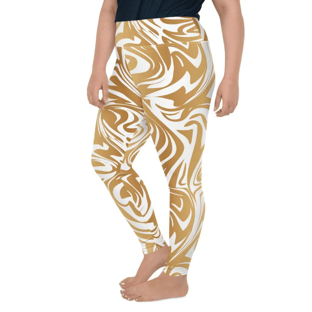 White & Gold Print Plus Size Leggings