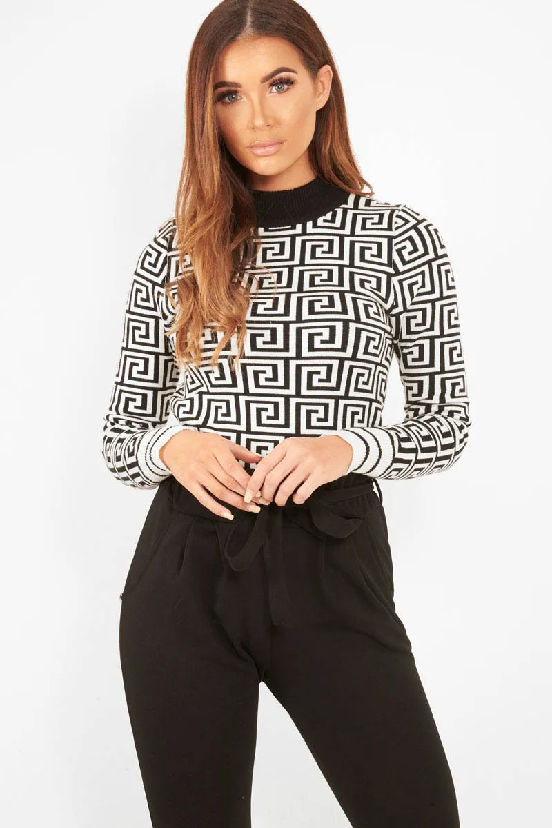 White Aztec Print High Neck Cropped Jumper - Lola