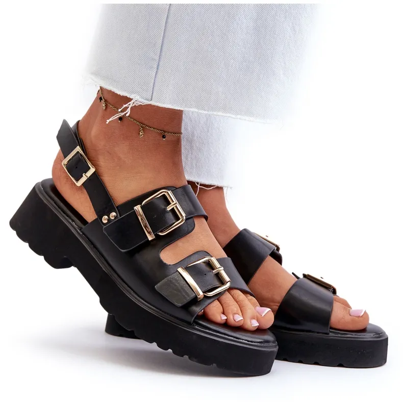 Women's Sandals With Buckles Eco Leather Black Konanttia