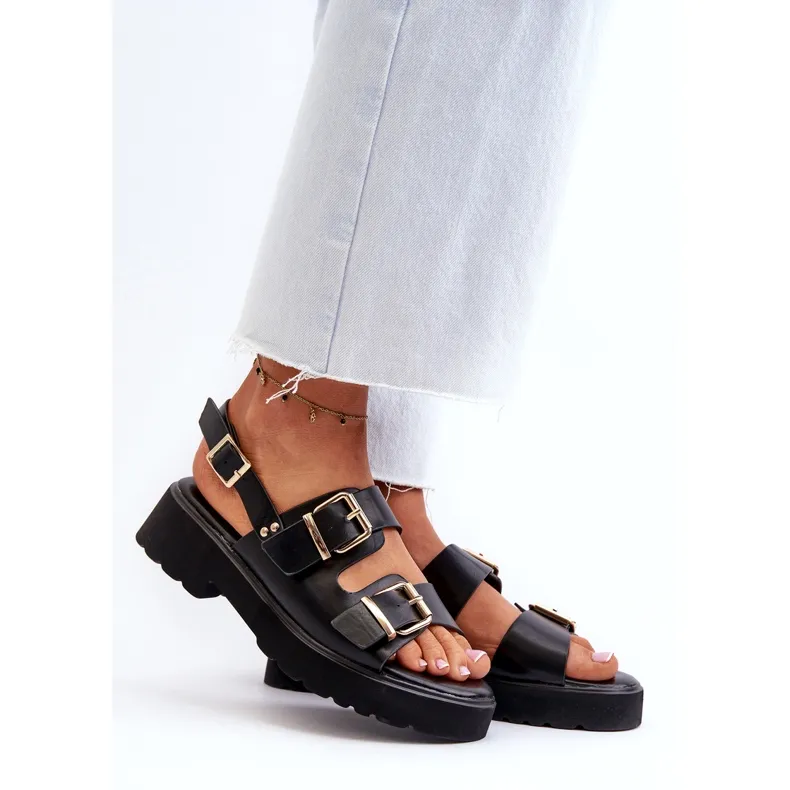 Women's Sandals With Buckles Eco Leather Black Konanttia