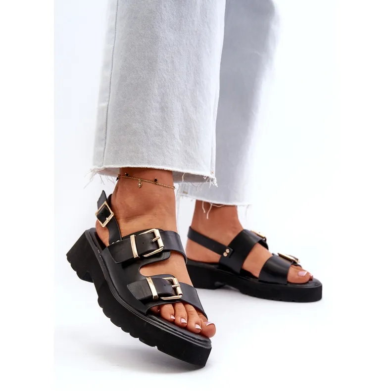 Women's Sandals With Buckles Eco Leather Black Konanttia