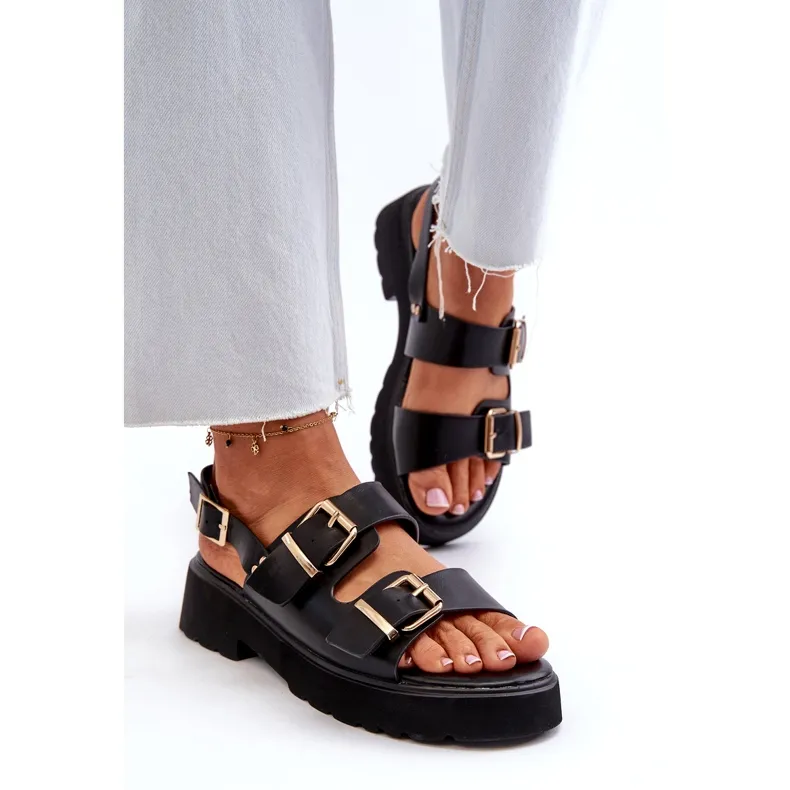 Women's Sandals With Buckles Eco Leather Black Konanttia