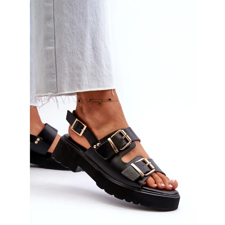 Women's Sandals With Buckles Eco Leather Black Konanttia