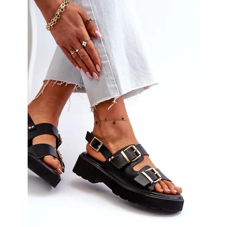 Women's Sandals With Buckles Eco Leather Black Konanttia