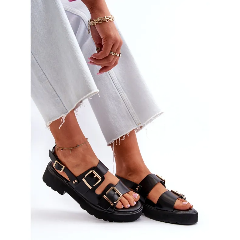 Women's Sandals With Buckles Eco Leather Black Konanttia