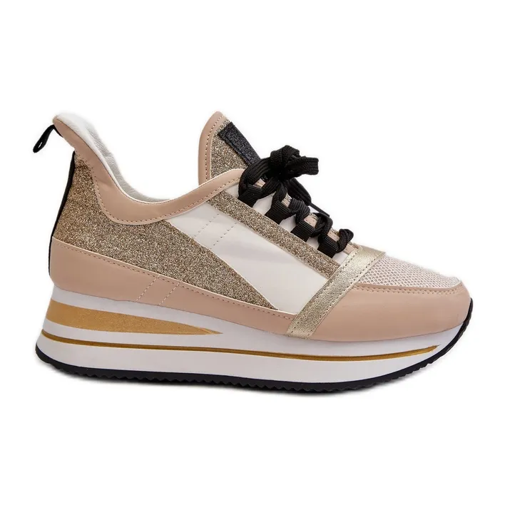 Women's wedge and platform sneakers with glitter, Gold Rafani golden