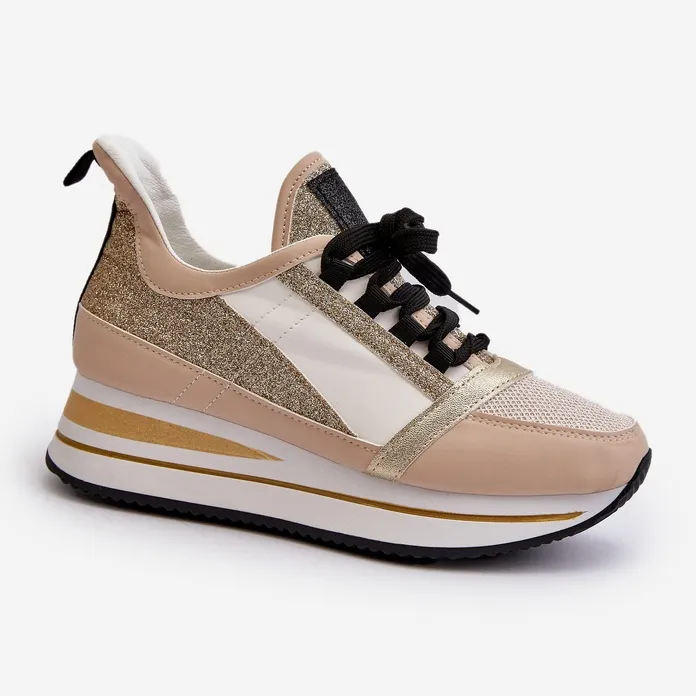 Women's wedge and platform sneakers with glitter, Gold Rafani golden