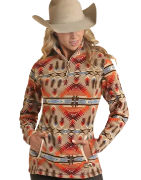 Womens Orange Tan Aztec Powder River Quarter Zip Pullover