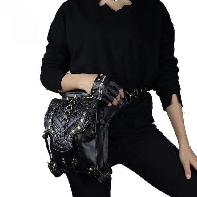 Women's Steampunk Chain Faux Leather Waist Bag Steampunk Hip Bag Black Holster