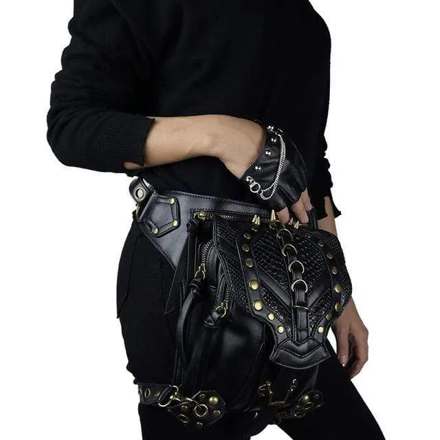 Women's Steampunk Chain Faux Leather Waist Bag Steampunk Hip Bag Black Holster